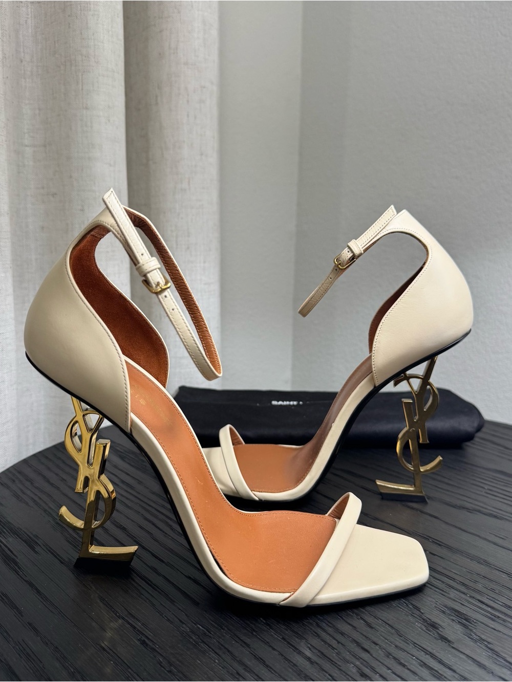 Saint Laurent YSL Opyum 110 Logo Heel Sandals Ivory 39